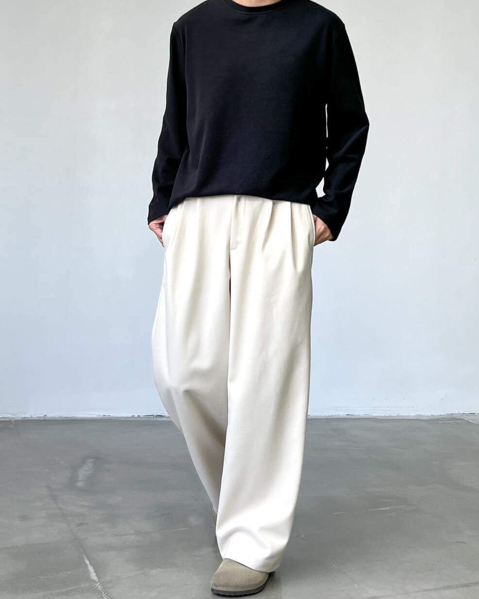 Cotton Blend Wide Pleat Trousers