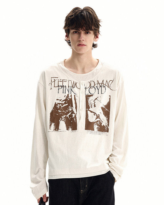 Cotton Graphic Henley Long Sleeve T Shirt