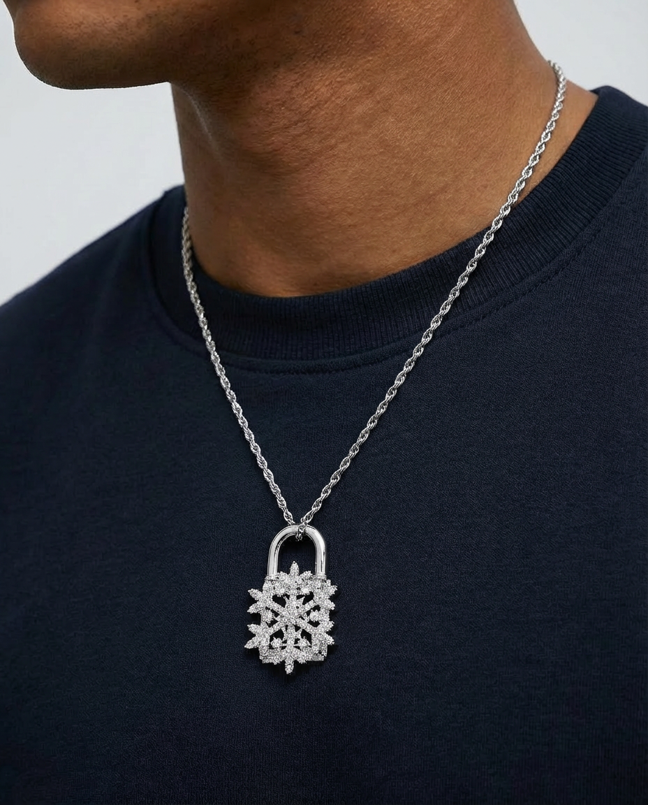 Iced Snowflake Lock Necklace – Silver Edition