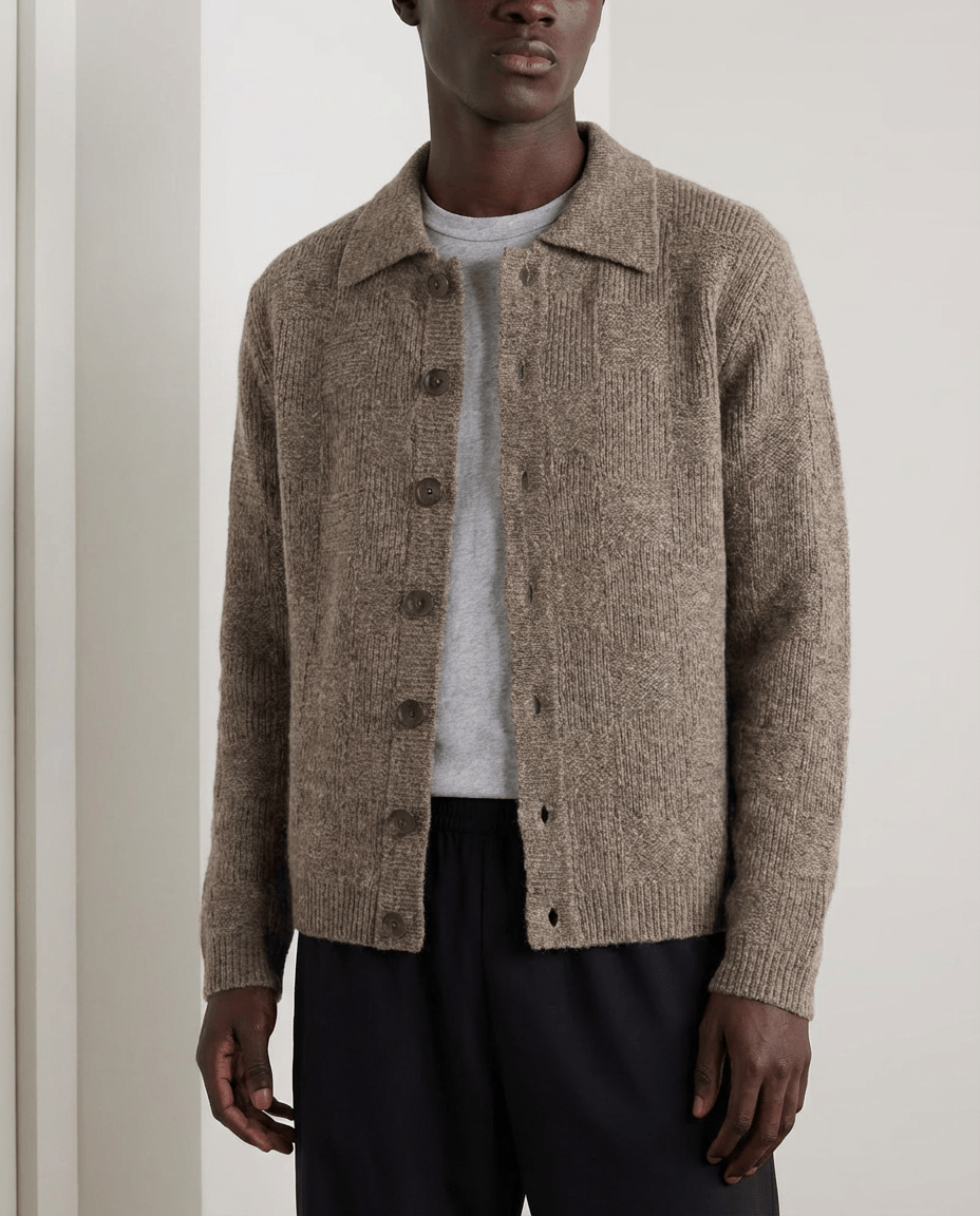 Block Synogram Textured Knit Button Cardigan