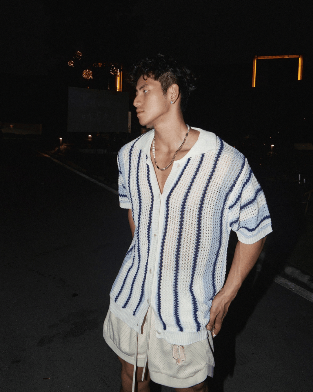 Open‑Knit Striped Button‑Up Shirt