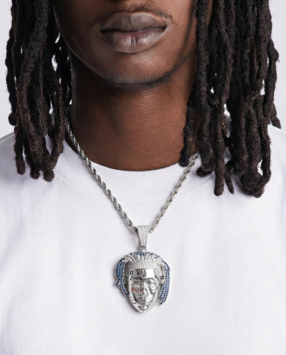 Iced Tattoo Face Pendant Necklace – Blue Accent Edition