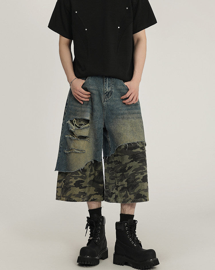 Patchwork Denim Camo Utility Shorts