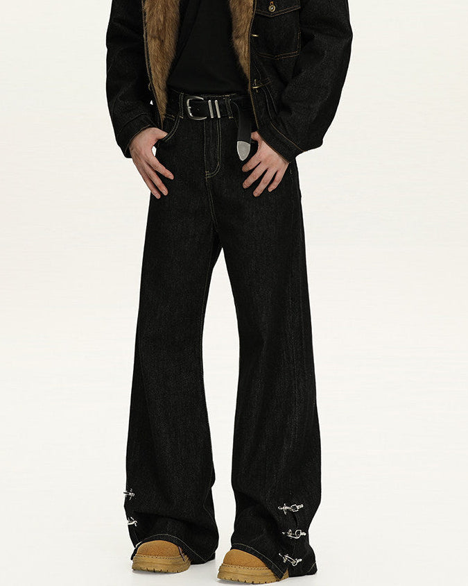 Raw Denim Buckle Wide Leg Jeans