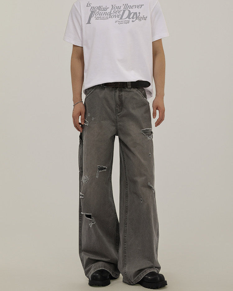 Washed Denim Ripped Cargo Jeans