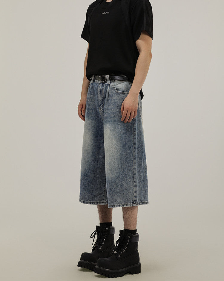 Washed Denim Wide Leg Shorts