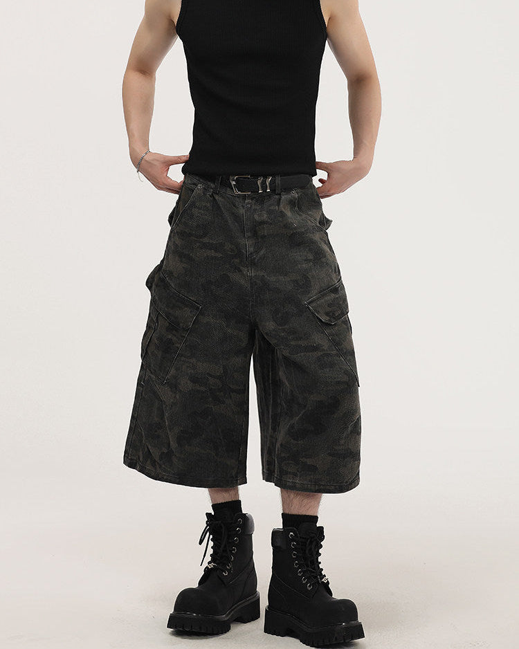 Camouflage Wide Cargo Cropped Trousers