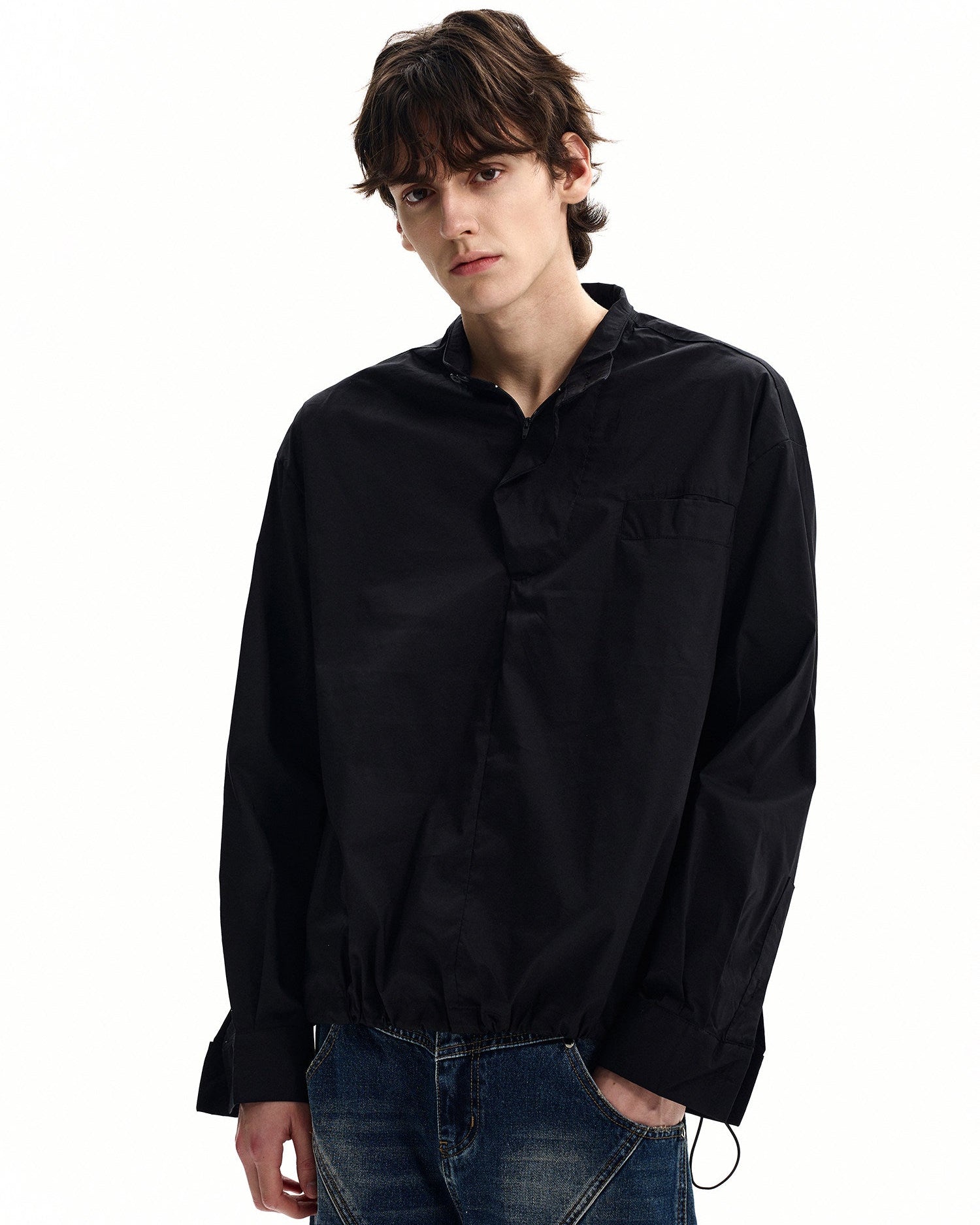 Cotton Poplin Stand Collar Shirt