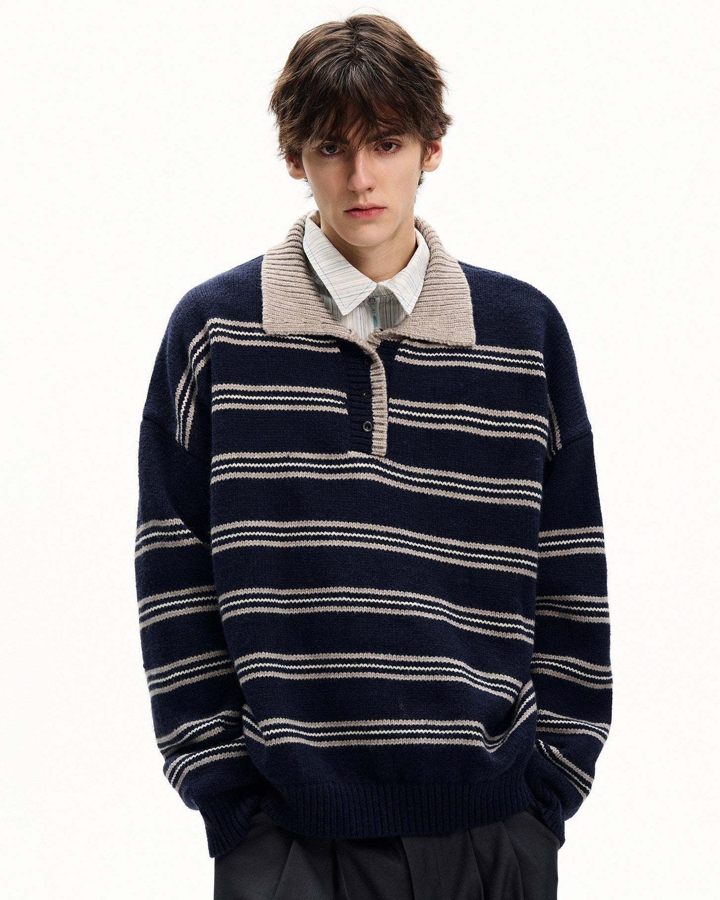 Striped Wool Cotton Polo Sweater