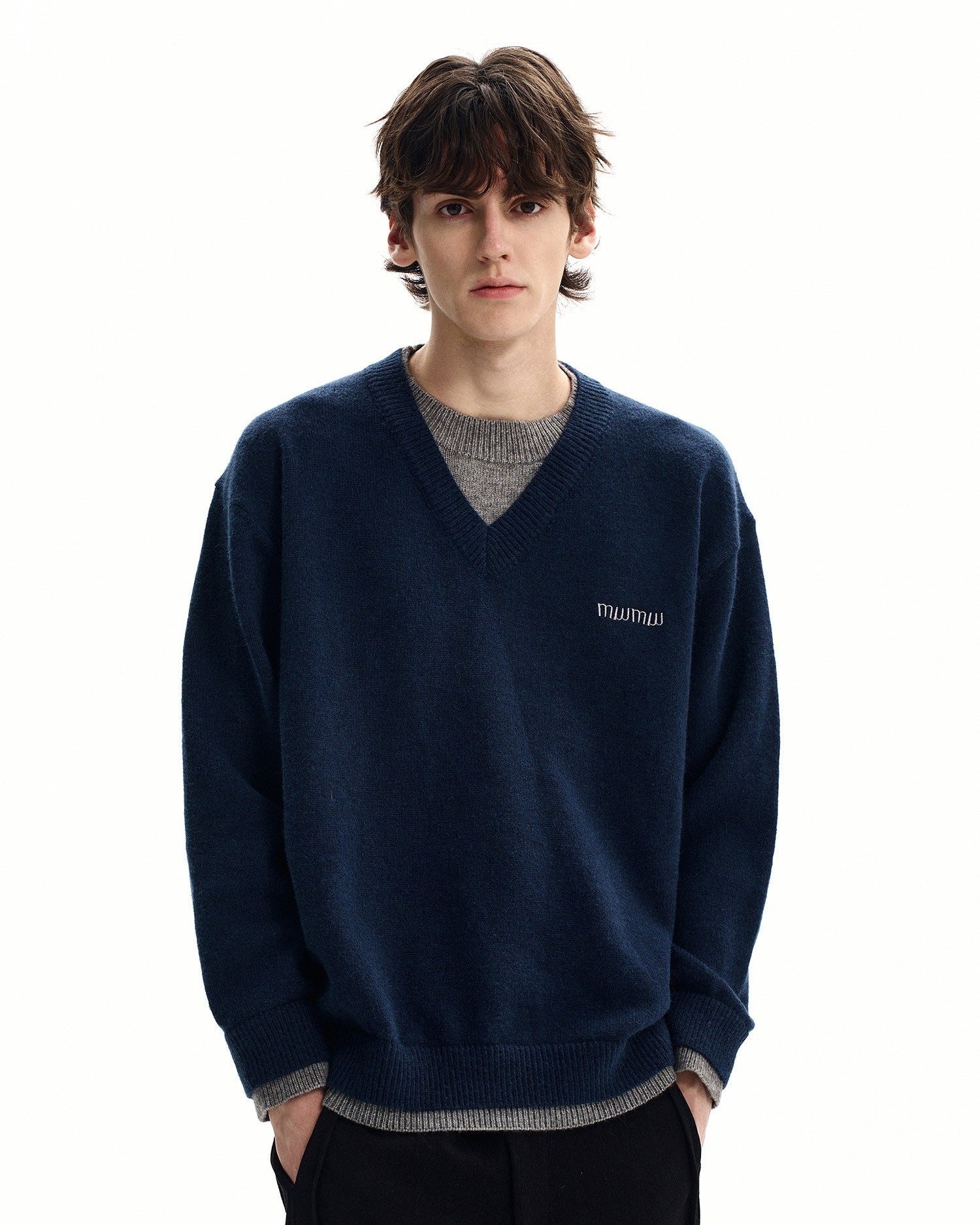 Heather Gray Wool Blend V-Neck Sweater