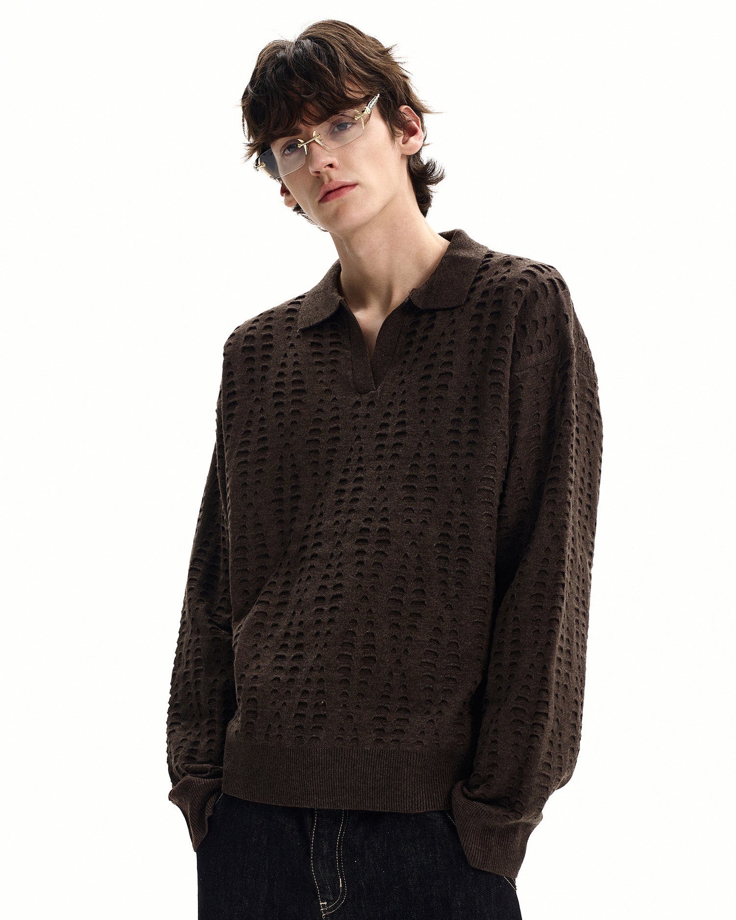 Textured Knit Polo Sweater