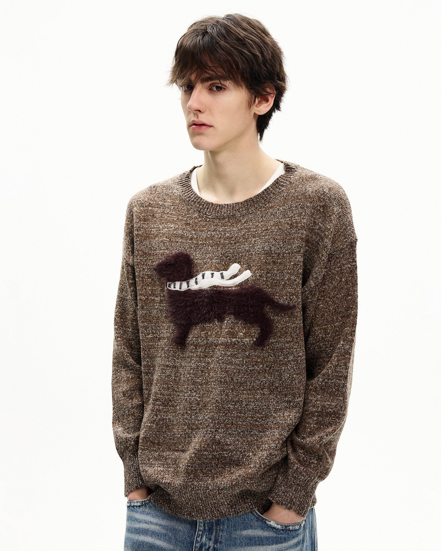 Textured Wool Blend Graphic Crewneck Sweater