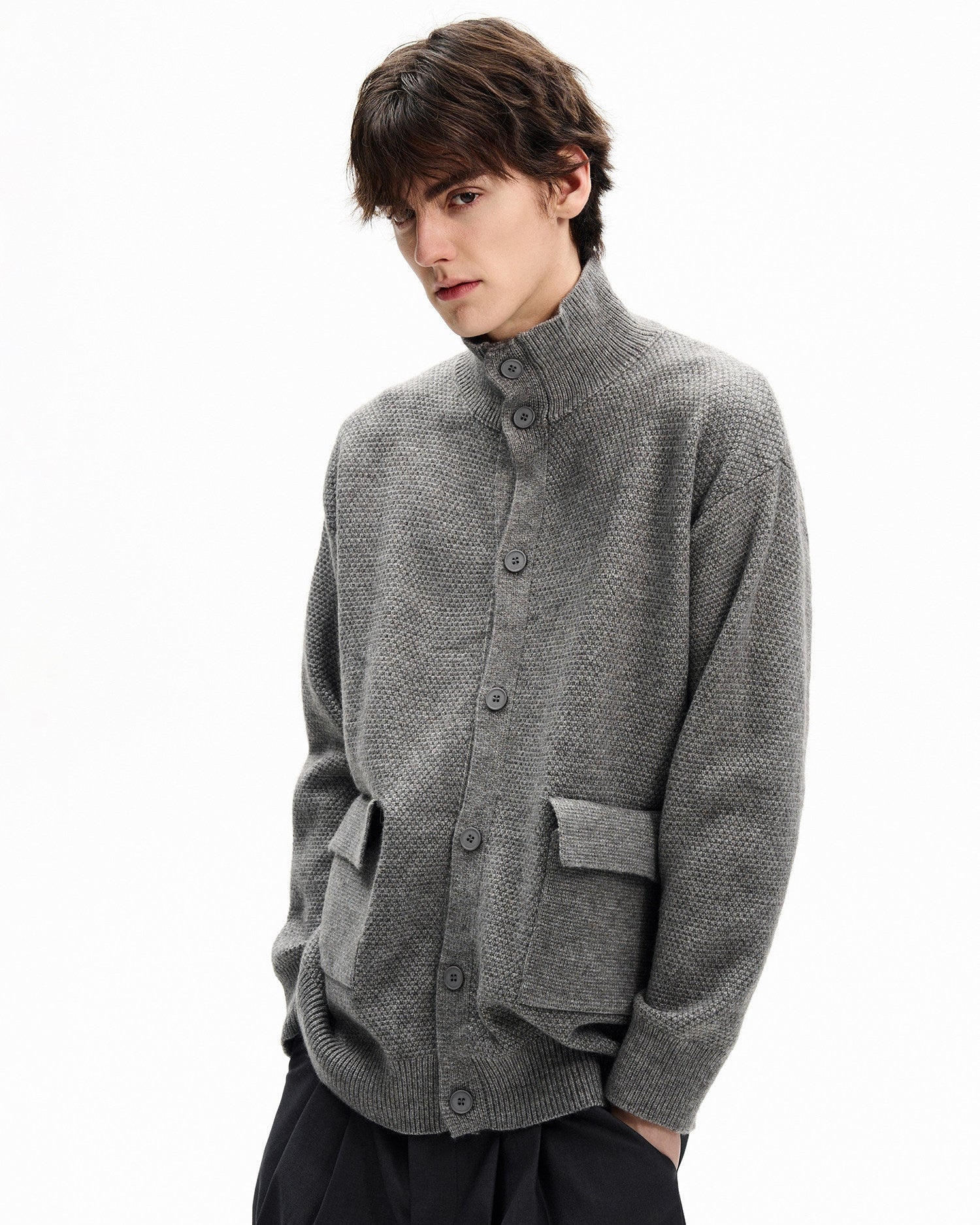 Textured Wool Blend Button Cardigan