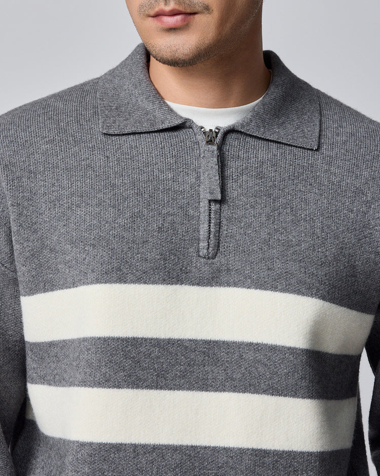The Porter Semi-Open Contrast Striped Lapel Knit Sweater